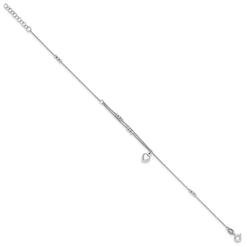 Sterling Silver Rhodium-Plated Beads and Heart 9in Plus 1in Ext Anklet