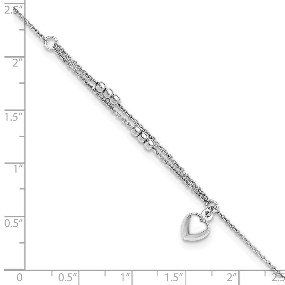 Sterling Silver Rhodium-Plated Beads and Heart 9in Plus 1in Ext Anklet