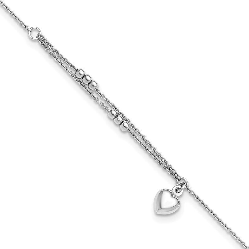Sterling Silver Rhodium-Plated Beads and Heart 9in Plus 1in Ext Anklet