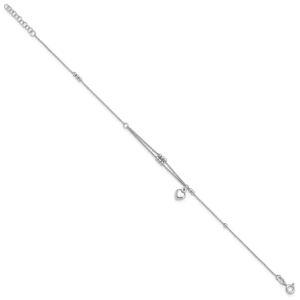 Sterling Silver Rhodium-Plated Beads and Heart 9in Plus 1in Ext Anklet