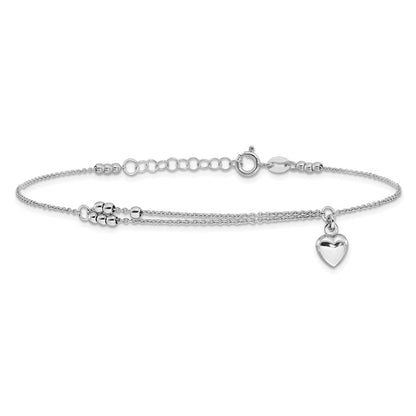 Sterling Silver Rhodium-Plated Beads and Heart 9in Plus 1in Ext Anklet