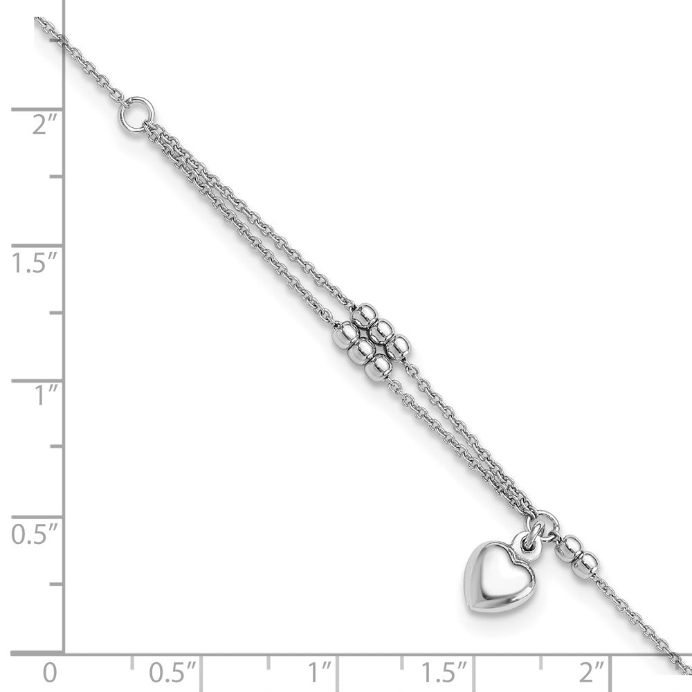 Sterling Silver Rhodium-Plated Beads and Heart 9in Plus 1in Ext Anklet