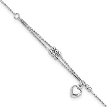 Sterling Silver Rhodium-Plated Beads and Heart 9in Plus 1in Ext Anklet