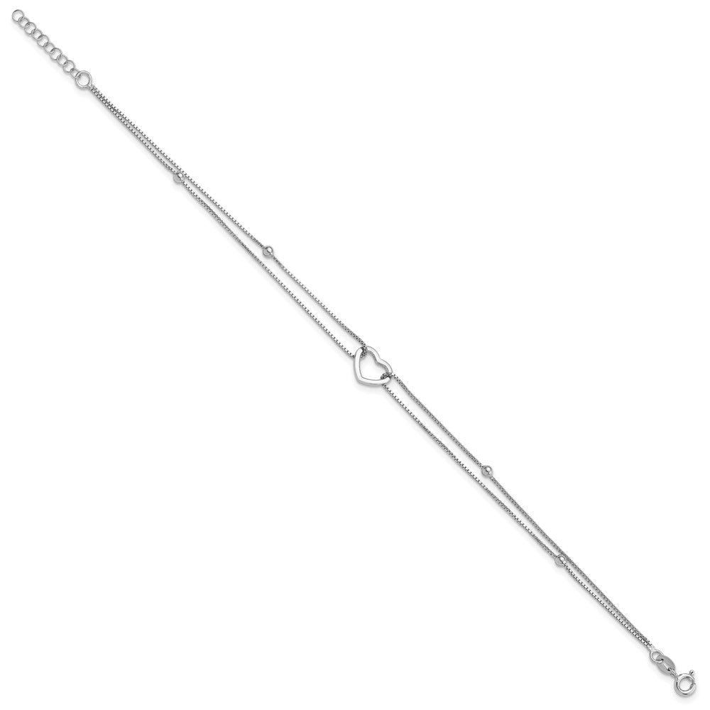 Sterling Silver Rhodium Plated Polished Heart Beaded 9in w/1in Ext Anklet