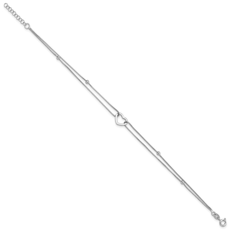 Sterling Silver Rhodium Plated Polished Heart Beaded 9in w/1in Ext Anklet
