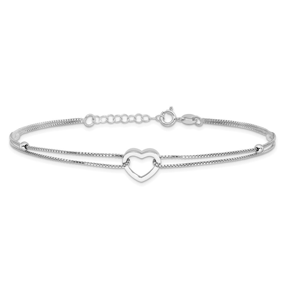 Sterling Silver Rhodium Plated Polished Heart Beaded 9in w/1in Ext Anklet