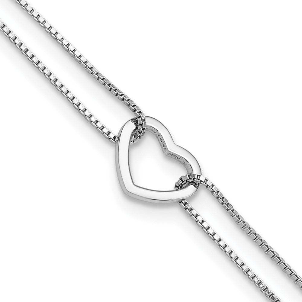 Sterling Silver Rhodium Plated Polished Heart Beaded 9in w/1in Ext Anklet