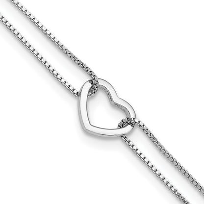 Sterling Silver Rhodium Plated Polished Heart Beaded 9in w/1in Ext Anklet