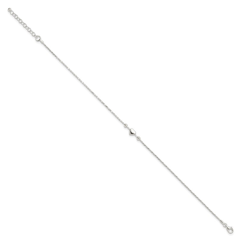 Sterling Silver Polished Heart 9in Plus 1in Ext. Anklet