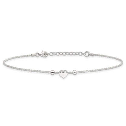 Sterling Silver Polished Heart 9in Plus 1in Ext. Anklet