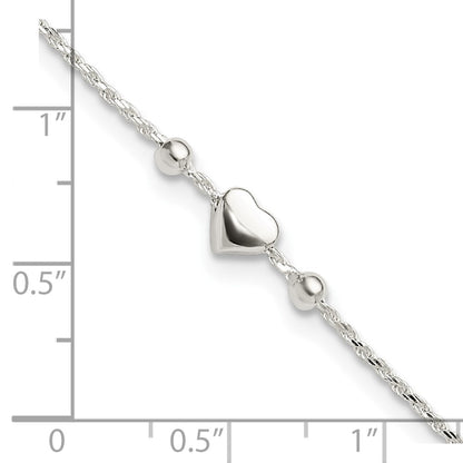Sterling Silver Polished Heart 9in Plus 1in Ext. Anklet