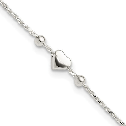 Sterling Silver Polished Heart 9in Plus 1in Ext. Anklet