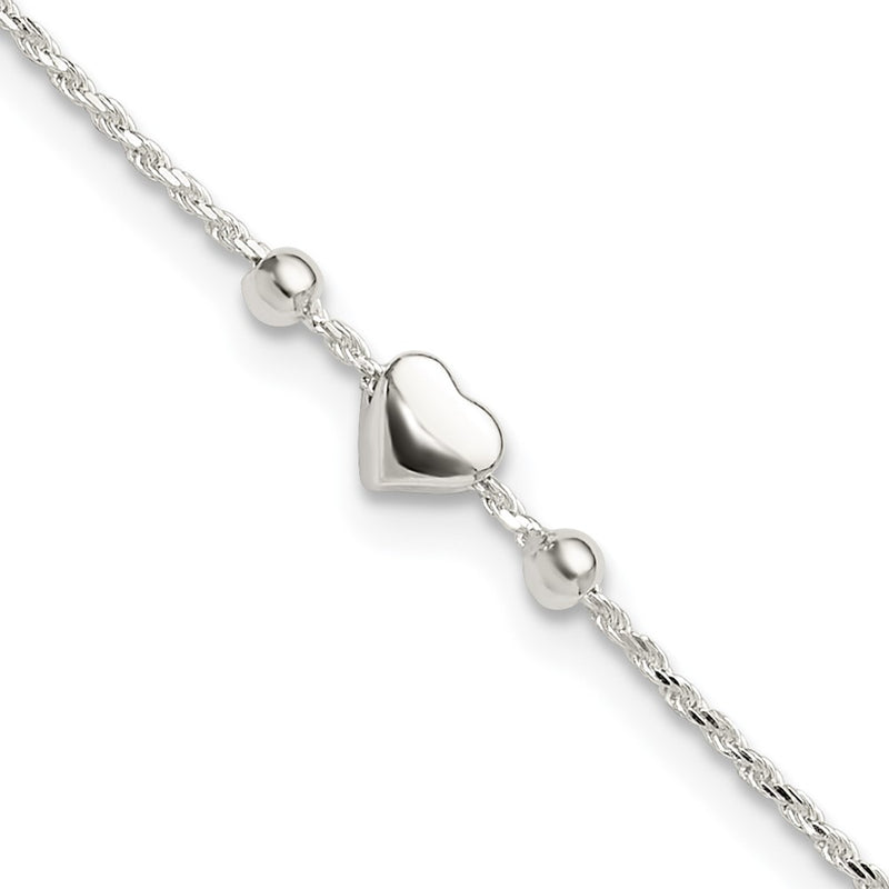 Sterling Silver Polished Heart 9in Plus 1in Ext. Anklet