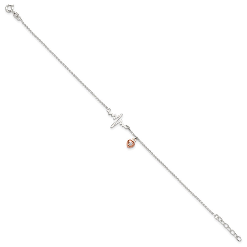 Sterling Silver Rose-Tone CZ Heart and Heartbeat 9in Plus 1in Ext. Anklet