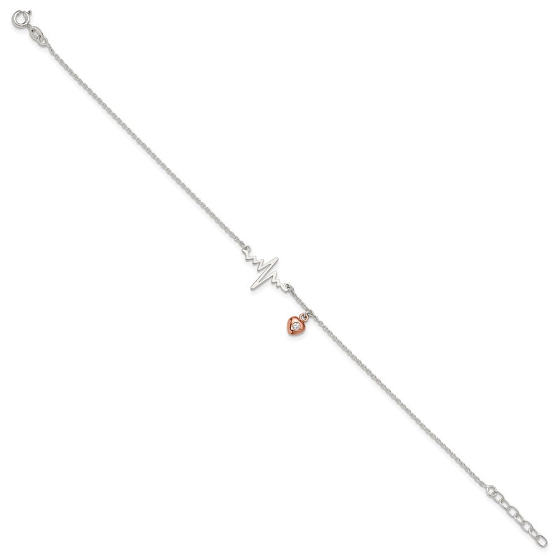 Sterling Silver Rose-Tone CZ Heart and Heartbeat 9in Plus 1in Ext. Anklet