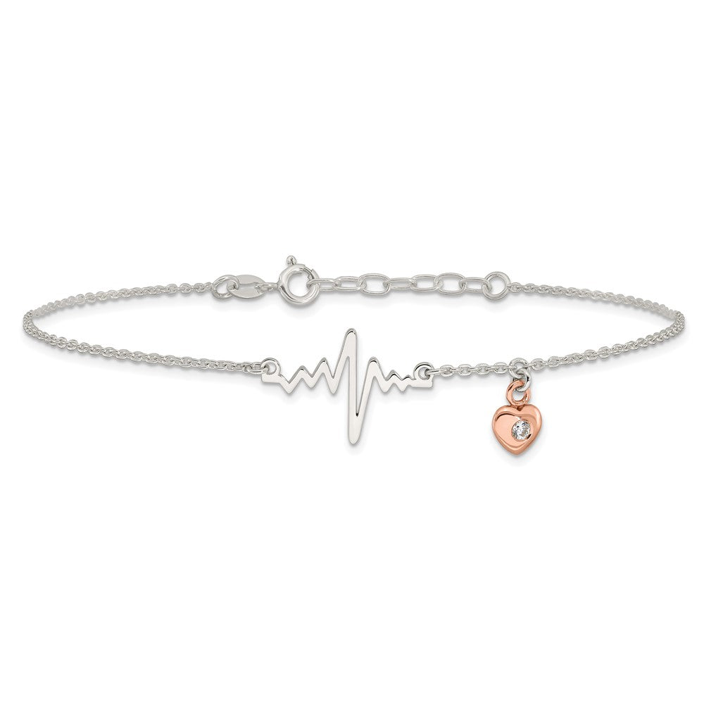 Sterling Silver Rose-Tone CZ Heart and Heartbeat 9in Plus 1in Ext. Anklet