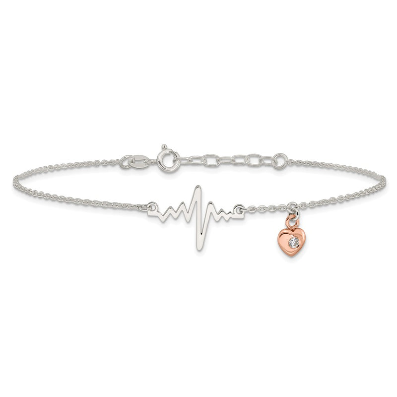 Sterling Silver Rose-Tone CZ Heart and Heartbeat 9in Plus 1in Ext. Anklet
