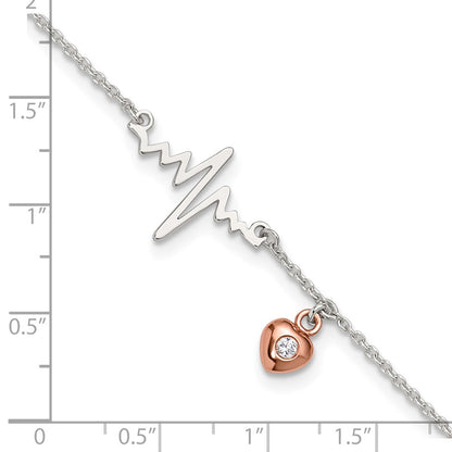 Sterling Silver Rose-Tone CZ Heart and Heartbeat 9in Plus 1in Ext. Anklet