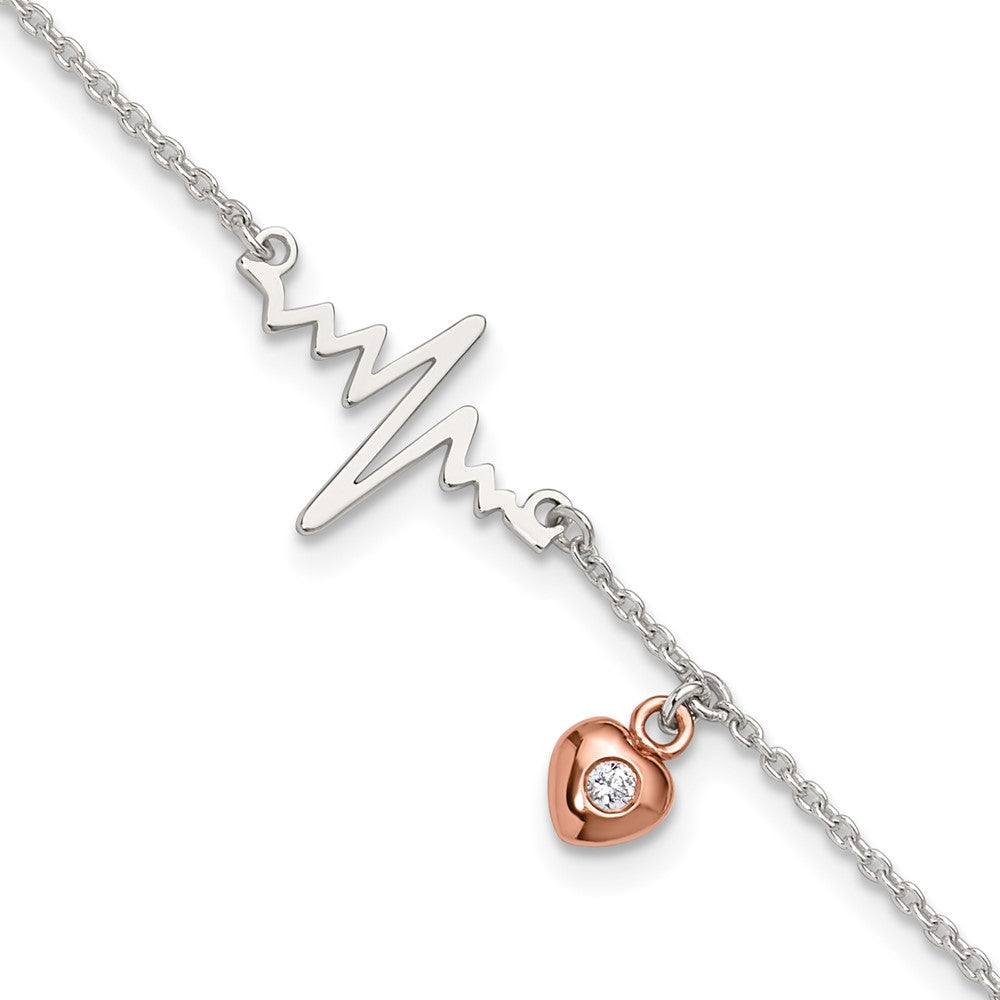 Sterling Silver Rose-Tone CZ Heart and Heartbeat 9in Plus 1in Ext. Anklet