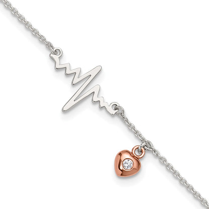 Sterling Silver Rose-Tone CZ Heart and Heartbeat 9in Plus 1in Ext. Anklet