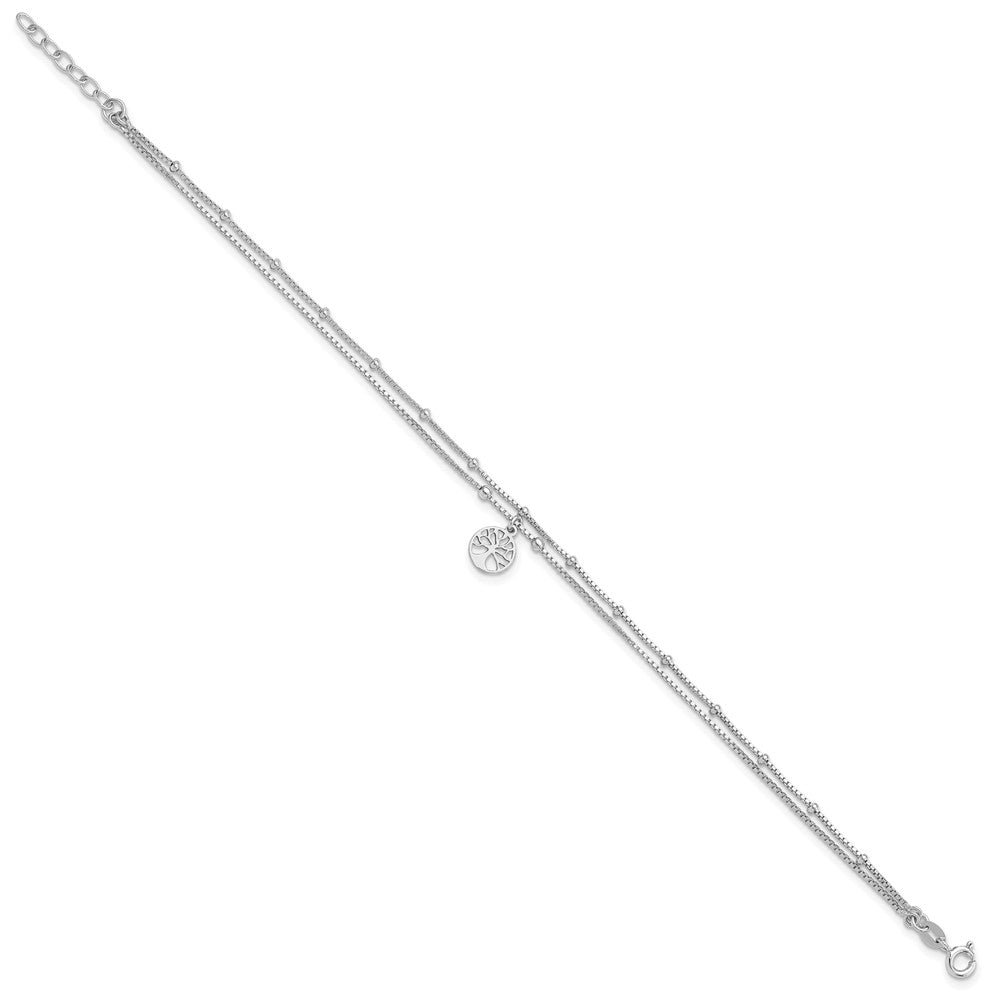 Sterling Silver Rhodium-Plated Tree of Life 9in Plus 1in Ext Anklet