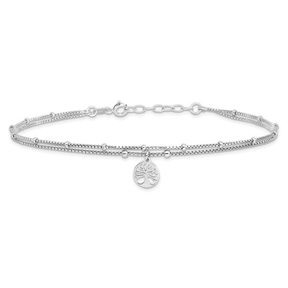 Sterling Silver Rhodium-Plated Tree of Life 9in Plus 1in Ext Anklet