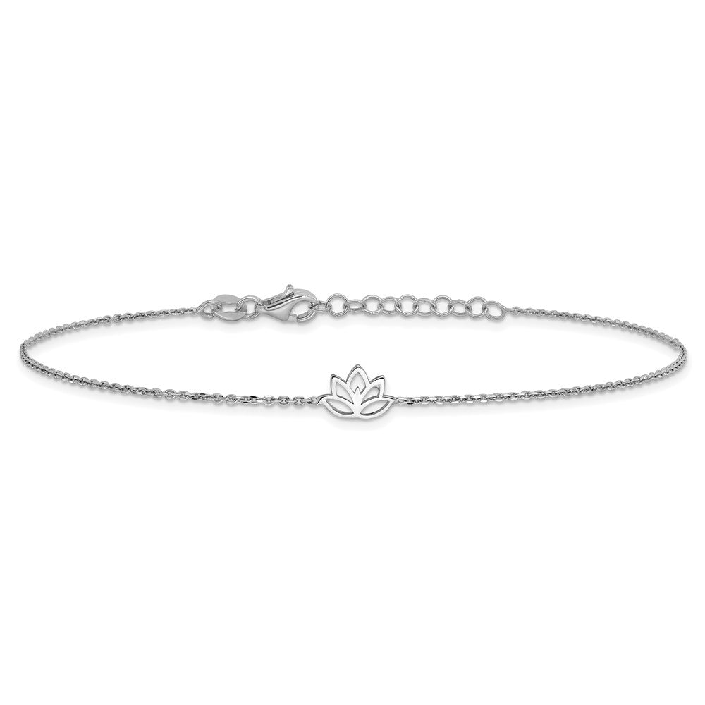 Sterling Silver Rhodium-Plated Louts Flower 9in Plus 1in Ext. Anklet