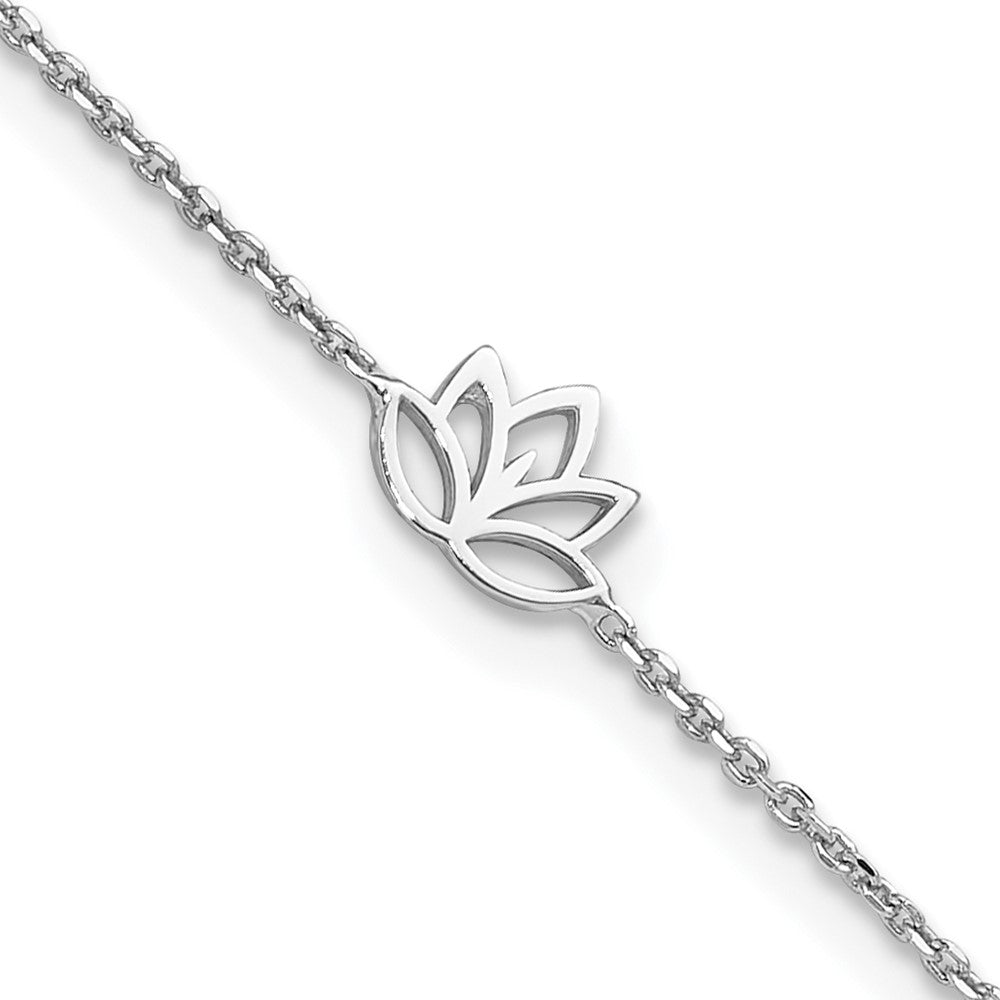 Sterling Silver Rhodium-Plated Louts Flower 9in Plus 1in Ext. Anklet