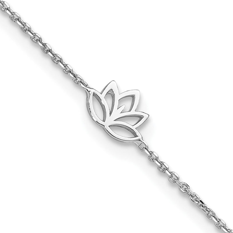 Sterling Silver Rhodium-Plated Louts Flower 9in Plus 1in Ext. Anklet