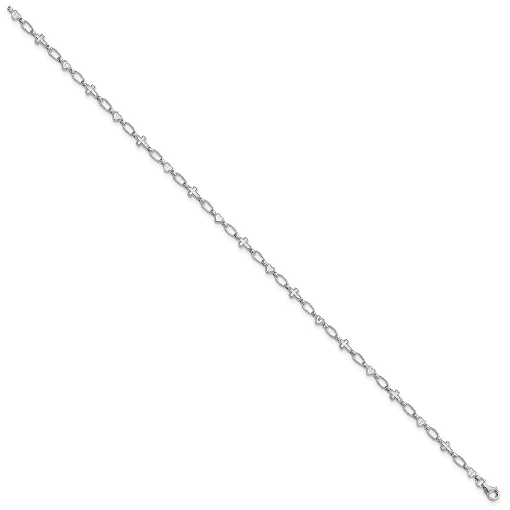 Sterling Silver Rhodium-Plated 10 Inch Heart and Cross Anklet