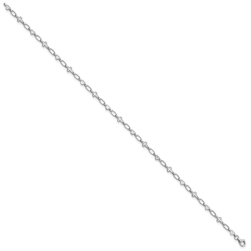 Sterling Silver Rhodium-Plated 10 Inch Heart and Cross Anklet