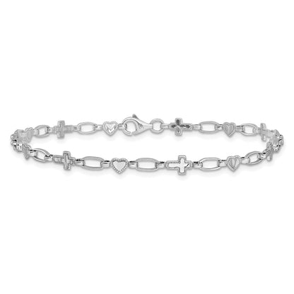 Sterling Silver Rhodium-Plated 10 Inch Heart and Cross Anklet