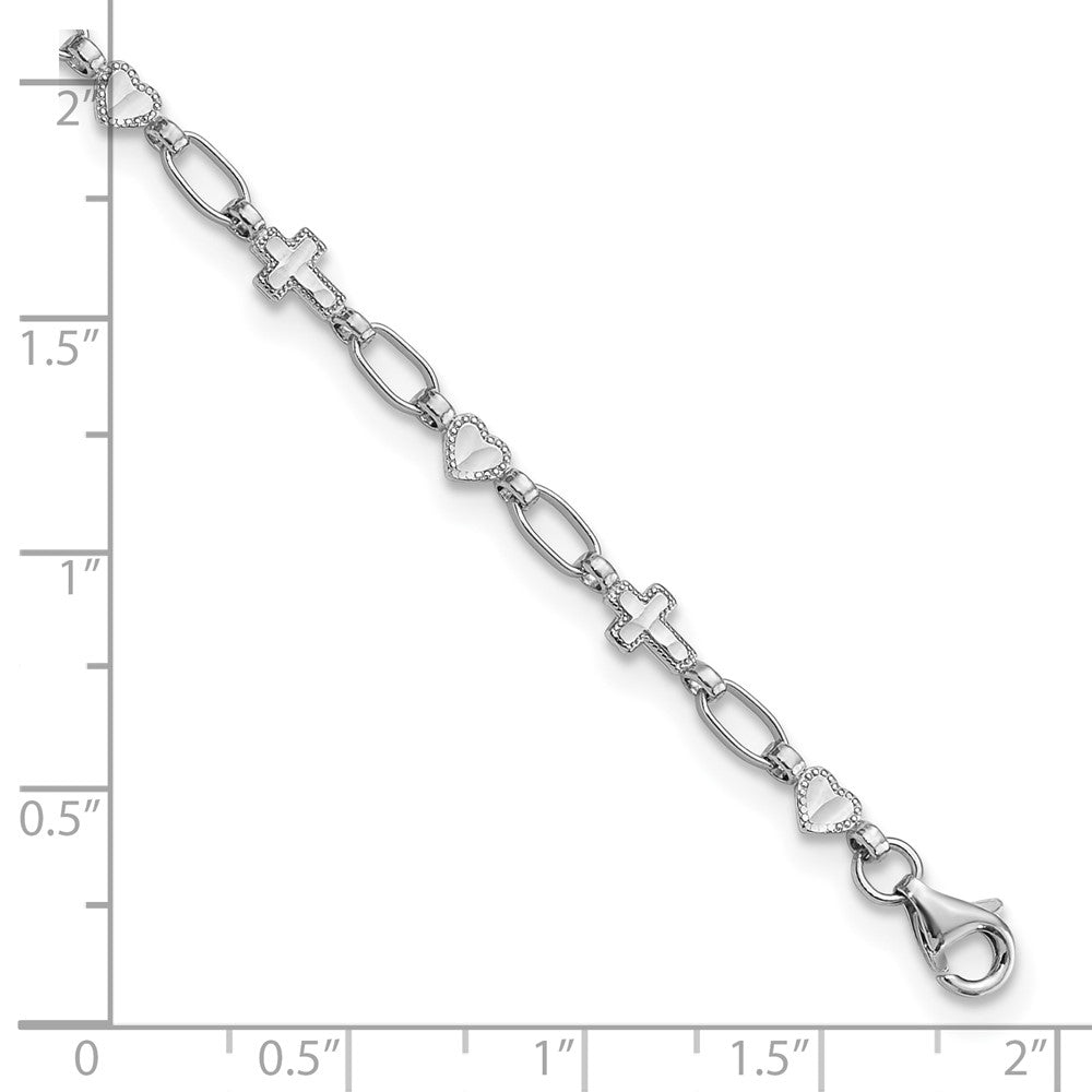 Sterling Silver Rhodium-Plated 10 Inch Heart and Cross Anklet