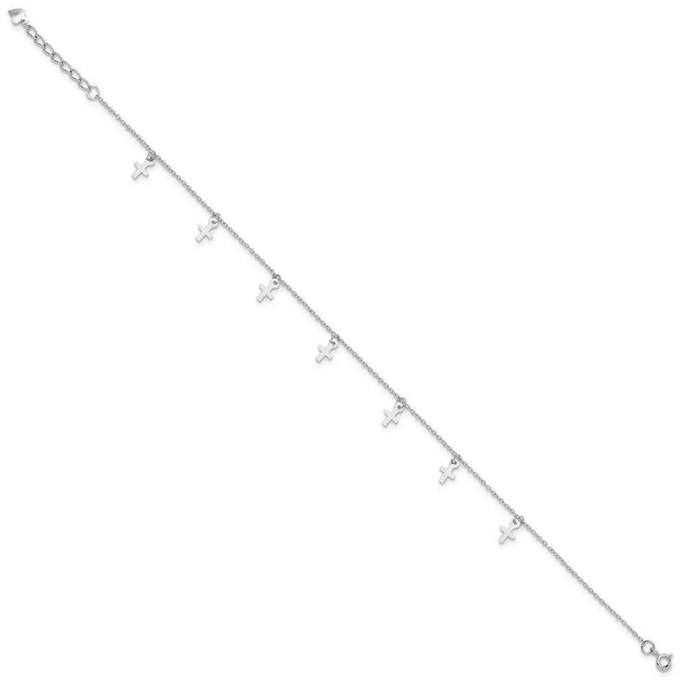 Sterling Silver Rhodium-Plated Polished Cross 9.5in Plus 1in Ext. Anklet