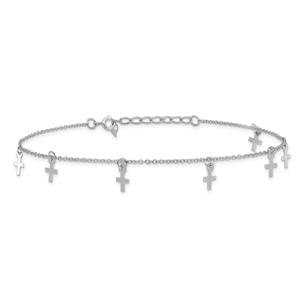 Sterling Silver Rhodium-Plated Polished Cross 9.5in Plus 1in Ext. Anklet
