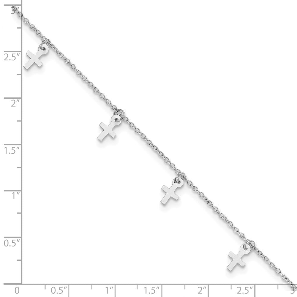 Sterling Silver Rhodium-Plated Polished Cross 9.5in Plus 1in Ext. Anklet