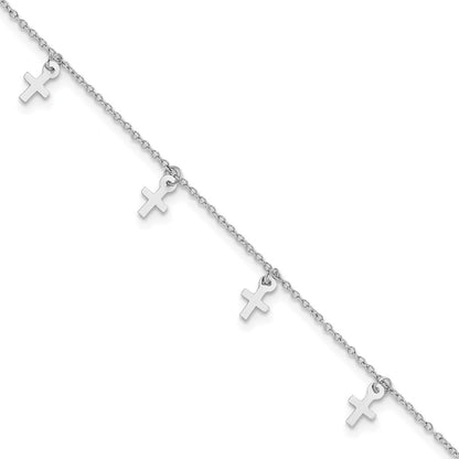 Sterling Silver Rhodium-Plated Polished Cross 9.5in Plus 1in Ext. Anklet