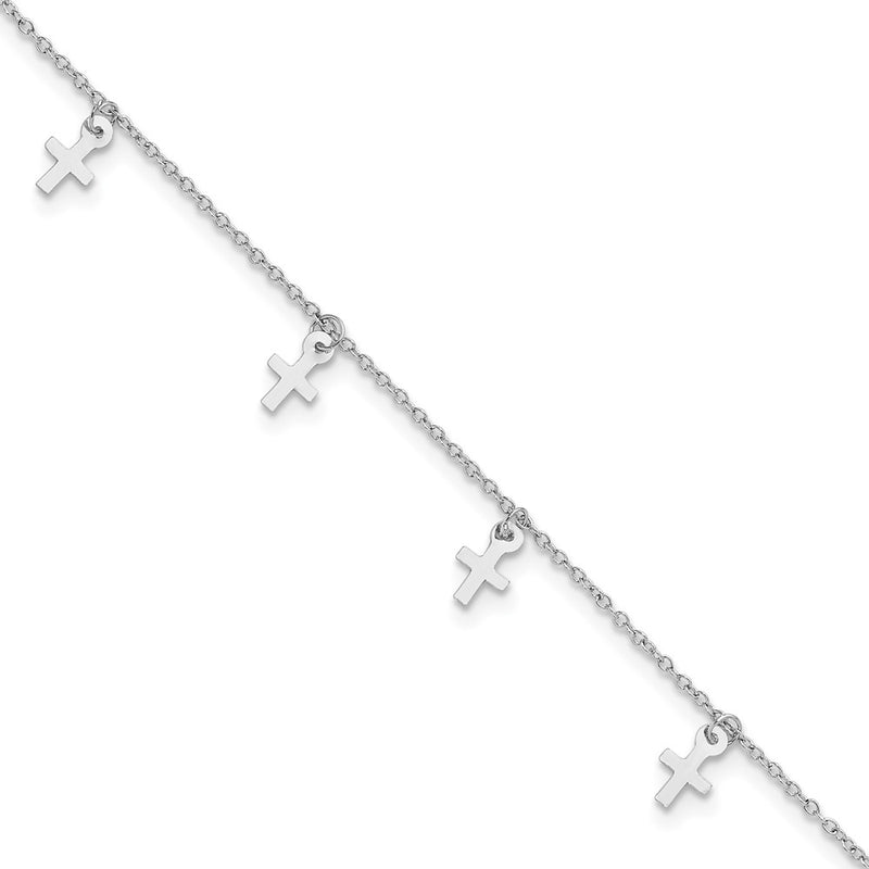 Sterling Silver Rhodium-Plated Polished Cross 9.5in Plus 1in Ext. Anklet