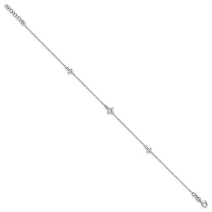 Sterling Silver Rhodium-Plated Open Cross 9in Plus 1in Ext. Anklet