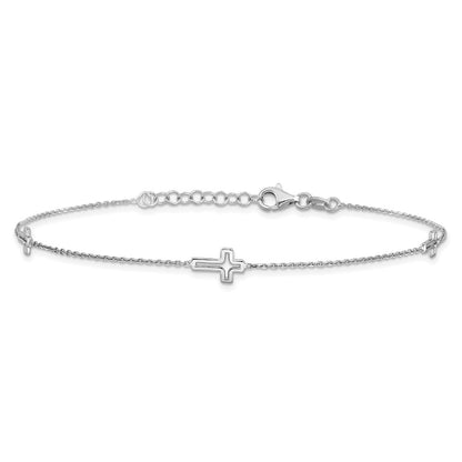 Sterling Silver Rhodium-Plated Open Cross 9in Plus 1in Ext. Anklet
