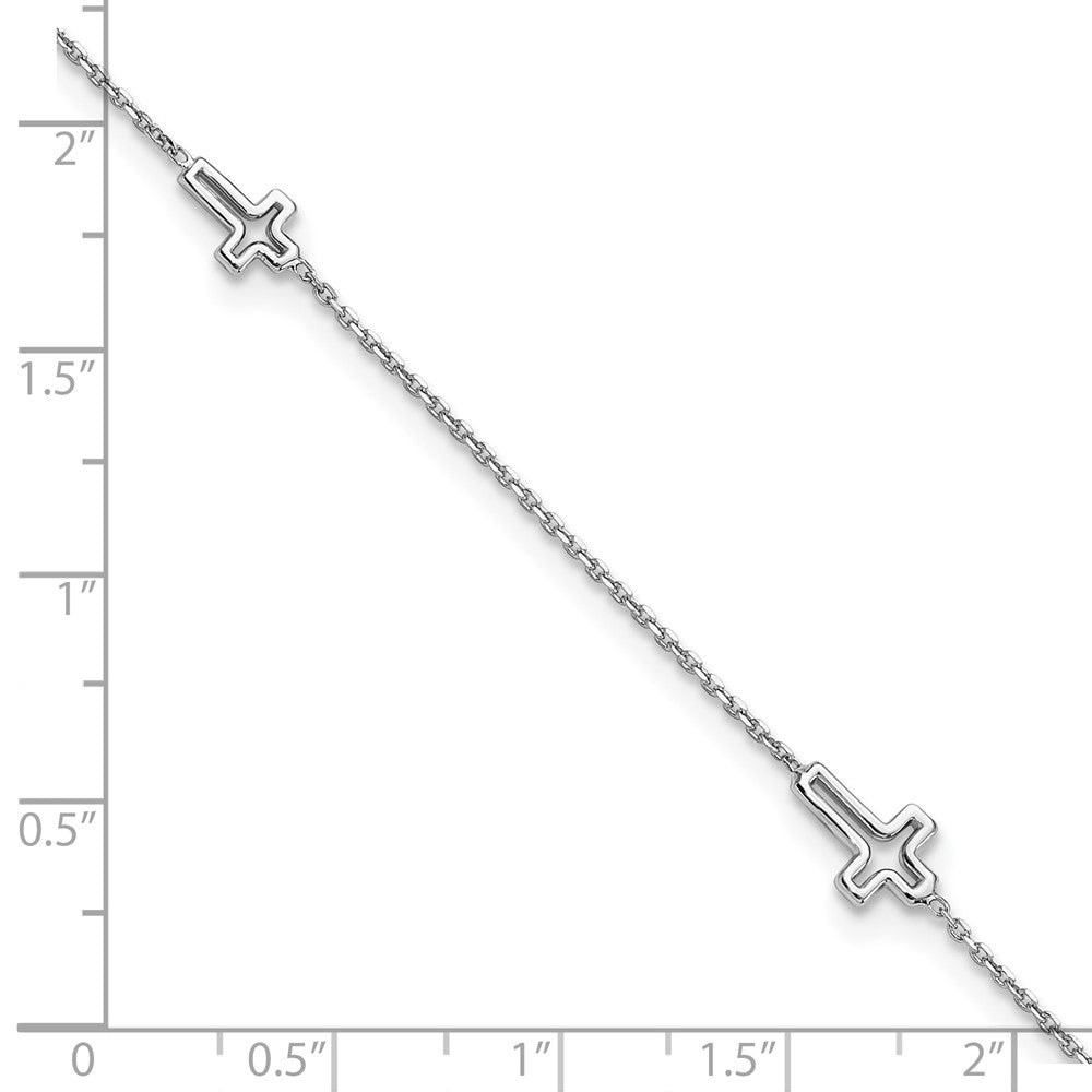 Sterling Silver Rhodium-Plated Open Cross 9in Plus 1in Ext. Anklet