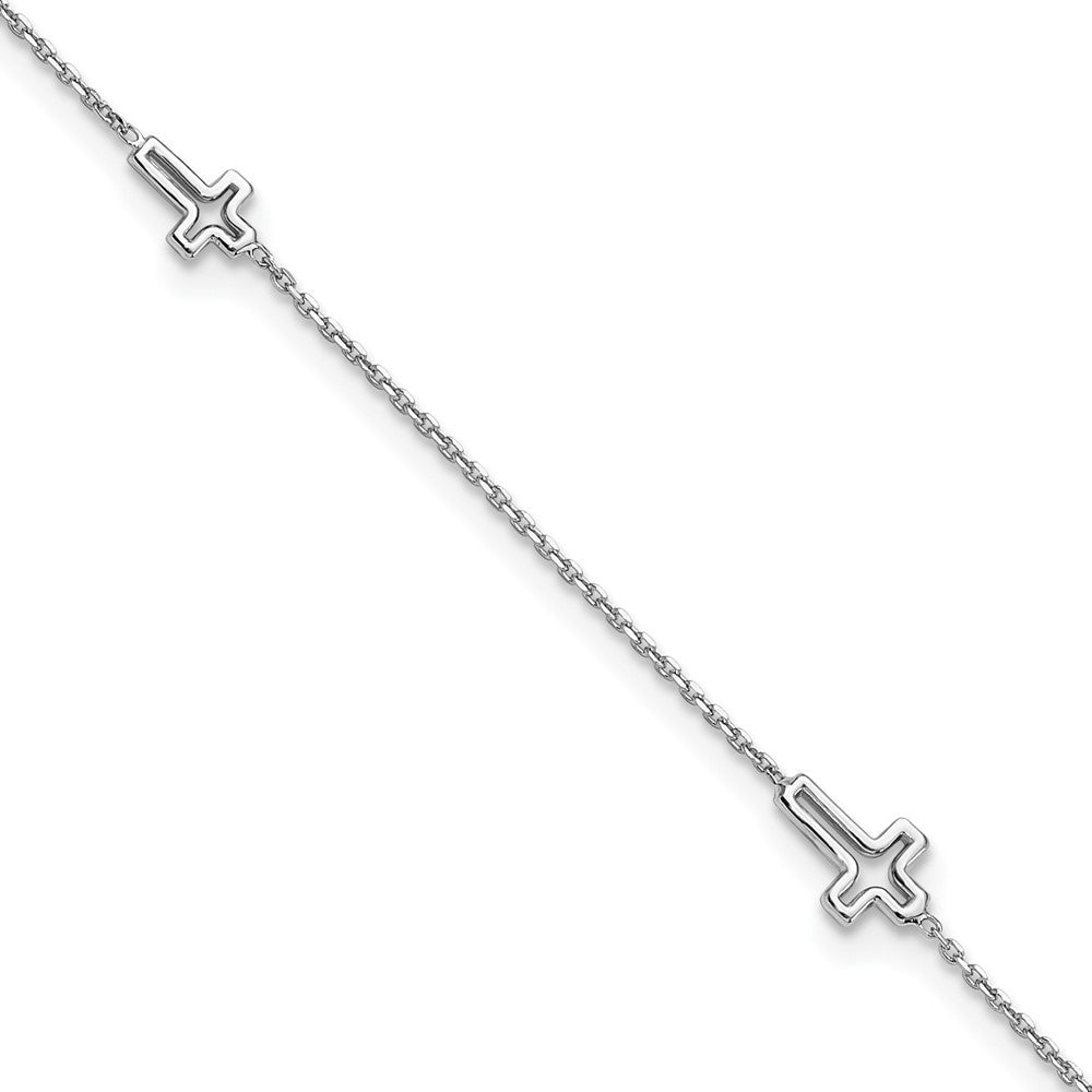 Sterling Silver Rhodium-Plated Open Cross 9in Plus 1in Ext. Anklet