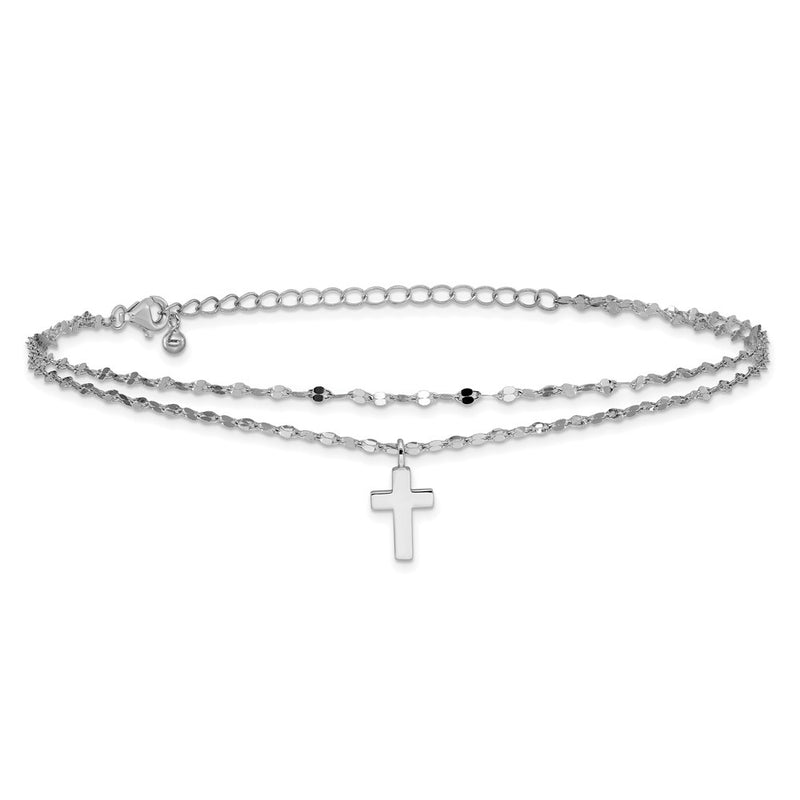 Sterling Silver Rhodium-Plated 2-Strand Cross 8.75in Plus 2in Ext Bracelet