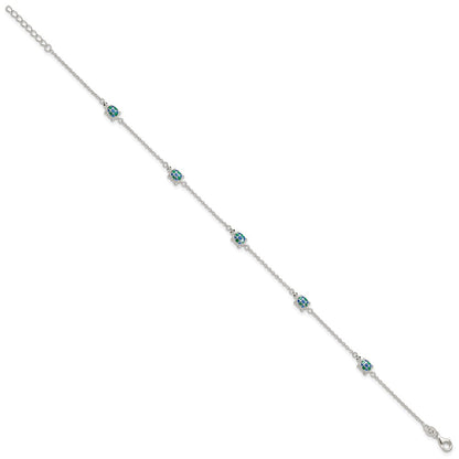 Sterling Silver Polished Enamel Turtle 10in Plus 1in Ext Anklet
