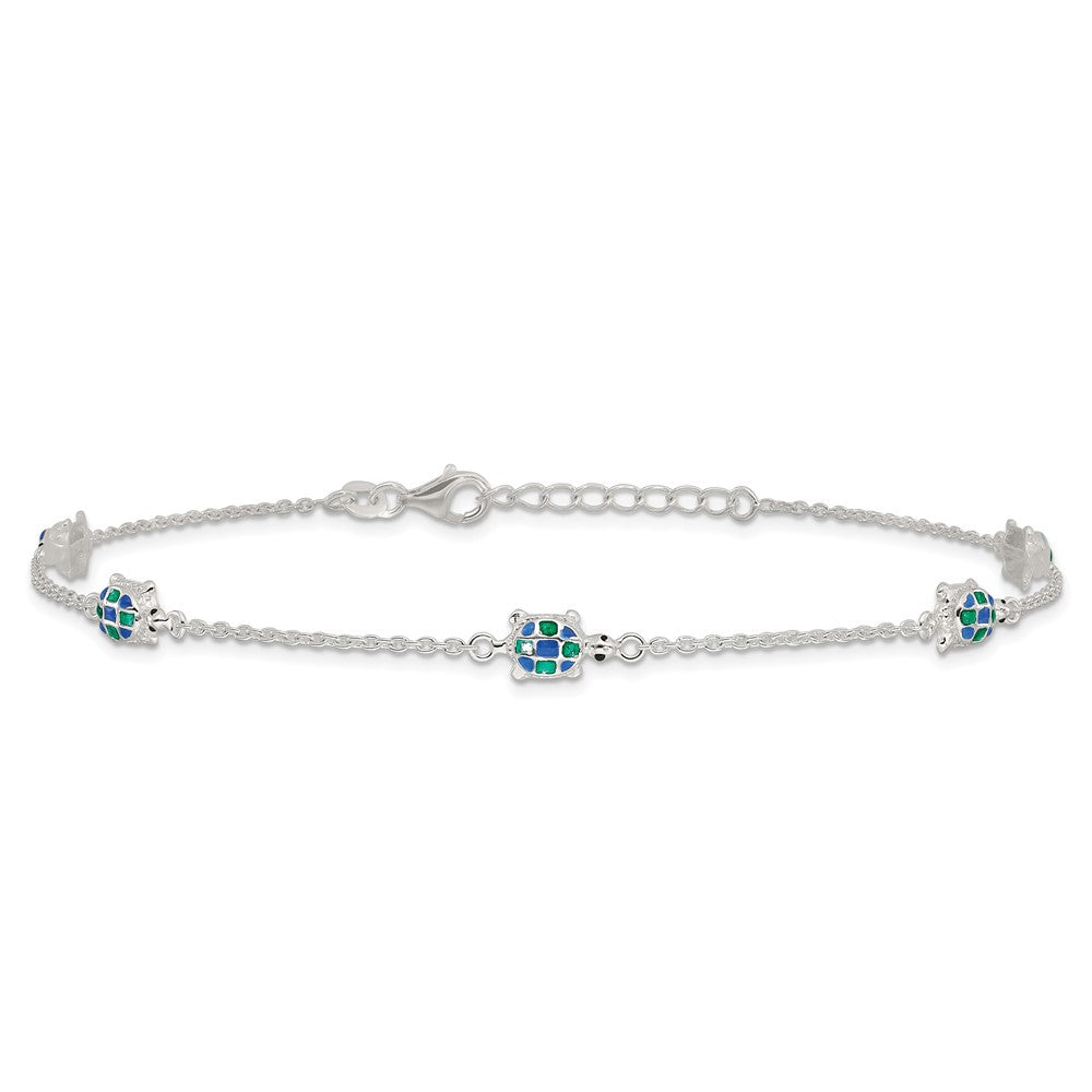 Sterling Silver Polished Enamel Turtle 10in Plus 1in Ext Anklet