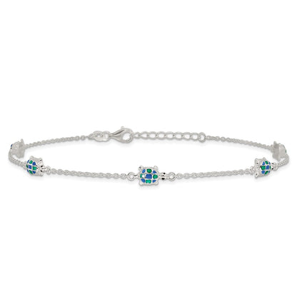 Sterling Silver Polished Enamel Turtle 10in Plus 1in Ext Anklet