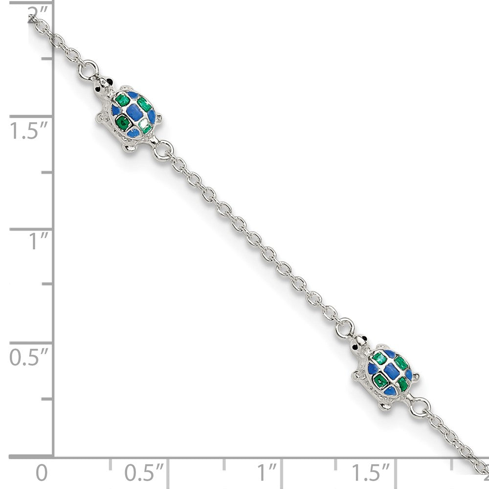 Sterling Silver Polished Enamel Turtle 10in Plus 1in Ext Anklet