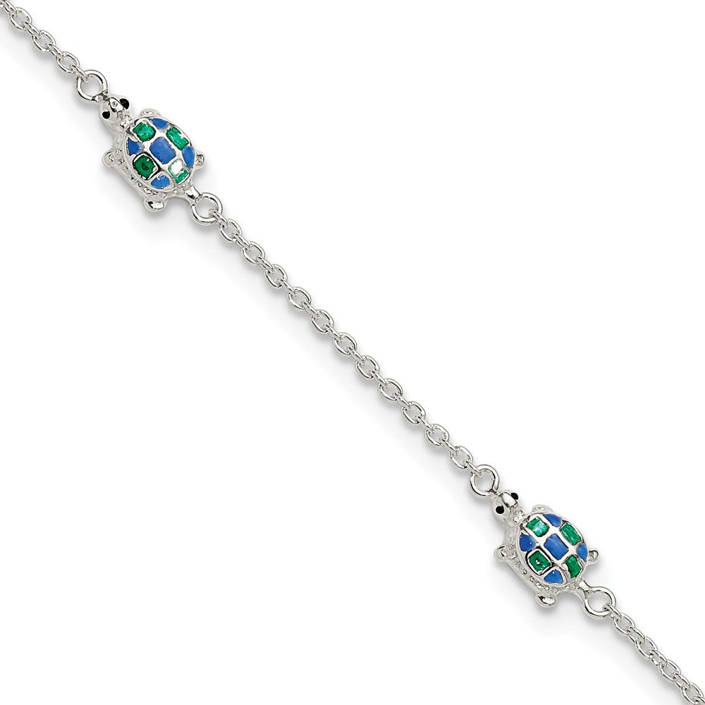Sterling Silver Polished Enamel Turtle 10in Plus 1in Ext Anklet