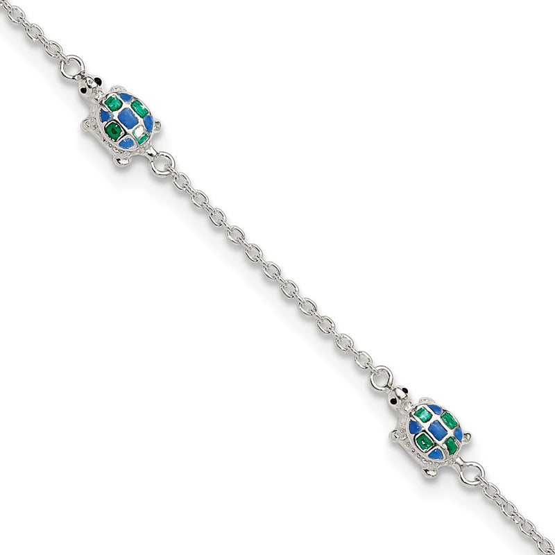 Sterling Silver Polished Enamel Turtle 10in Plus 1in Ext Anklet