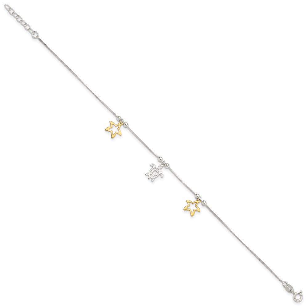 Sterling Silver Gold-Tone Turtle and Starfish 9in Plus 1in Ext Anklet